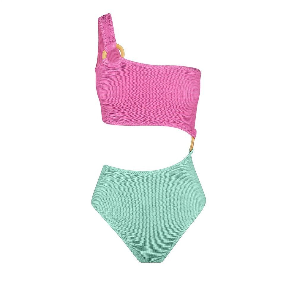 NWT Free People x Cleonie Swim Green/Magenta Smocked Shell Maillot One Piece